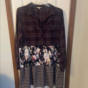 ODDY Mixed-Print Long Sleeve Dress in Burgundy, Black, Cream